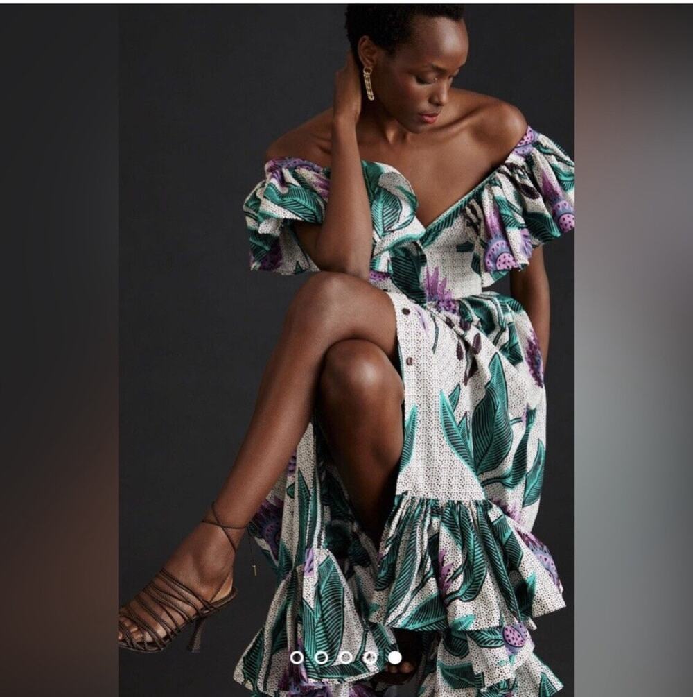 SIKA x Anthropologie Ruffled Off Shoulder Printed Long Maxi Dress Gown 0 - Picture 1 of 8